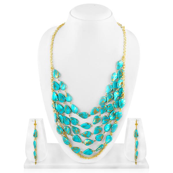 Bo'Bell Aqua Blue Indo-Western Beads Tribal Mixy Necklace Set/AQUABLUE