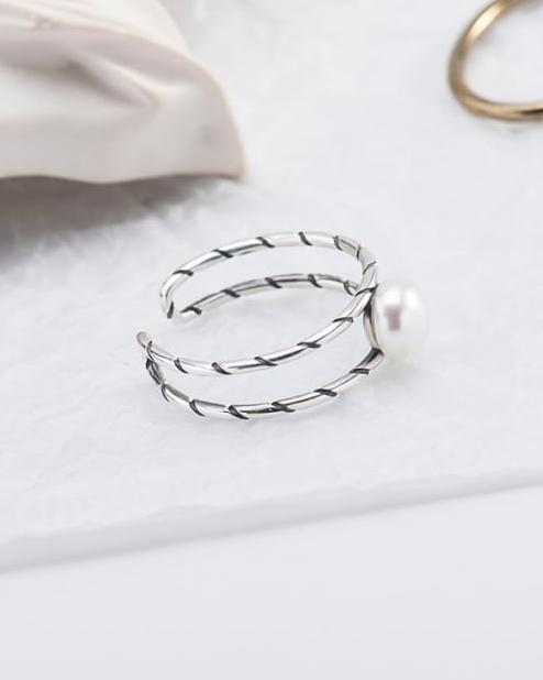 Spiral Pearl Sterling Silver Adjustable Ring
